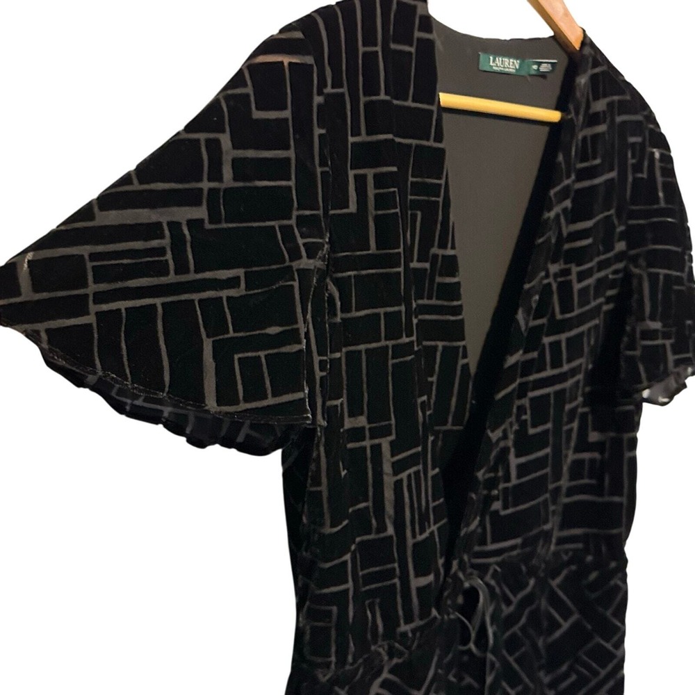 Lauren Ralph Lauren Faux Wrap Dress 10 Black Velvet Burnout Geometric Flutter